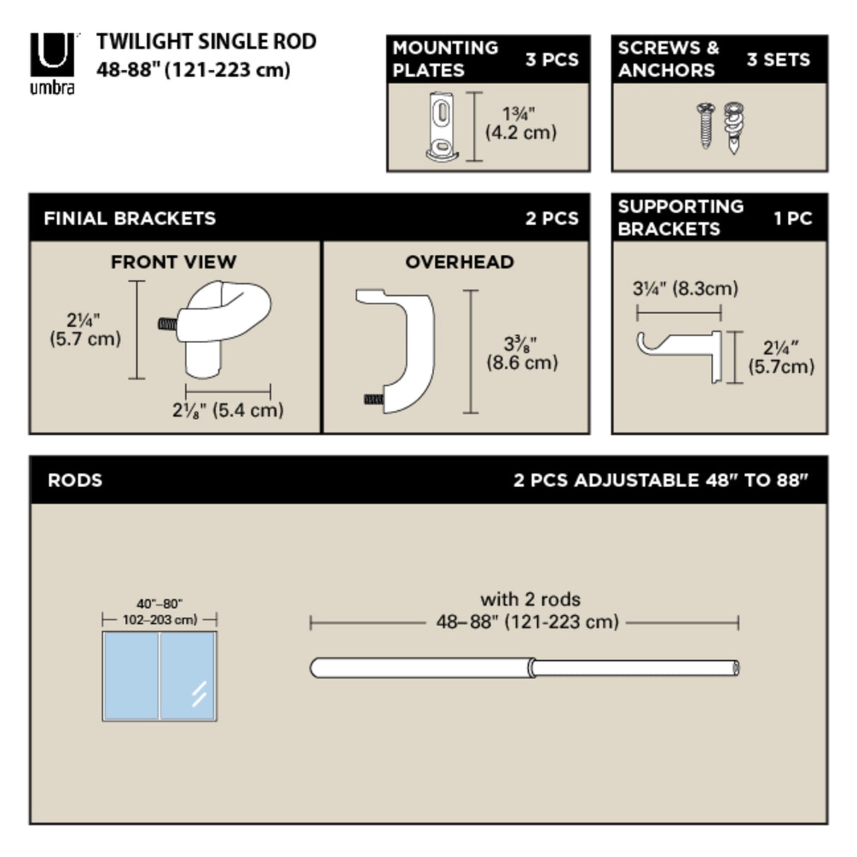 Single Curtain Rods | color: Matte-Nickel | size: 48-88" (122-224 cm) | diameter: 3/4" (1.9 cm)