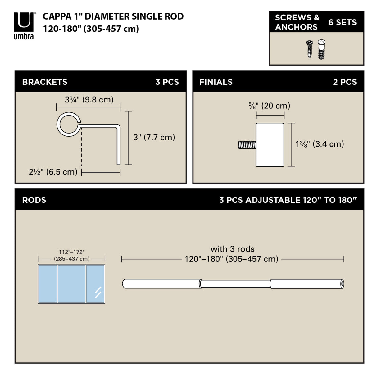 Single Curtain Rods | color: Nickel-Steel | size: 120-180" (305-457 cm) | diameter: 1" (2.5 cm)