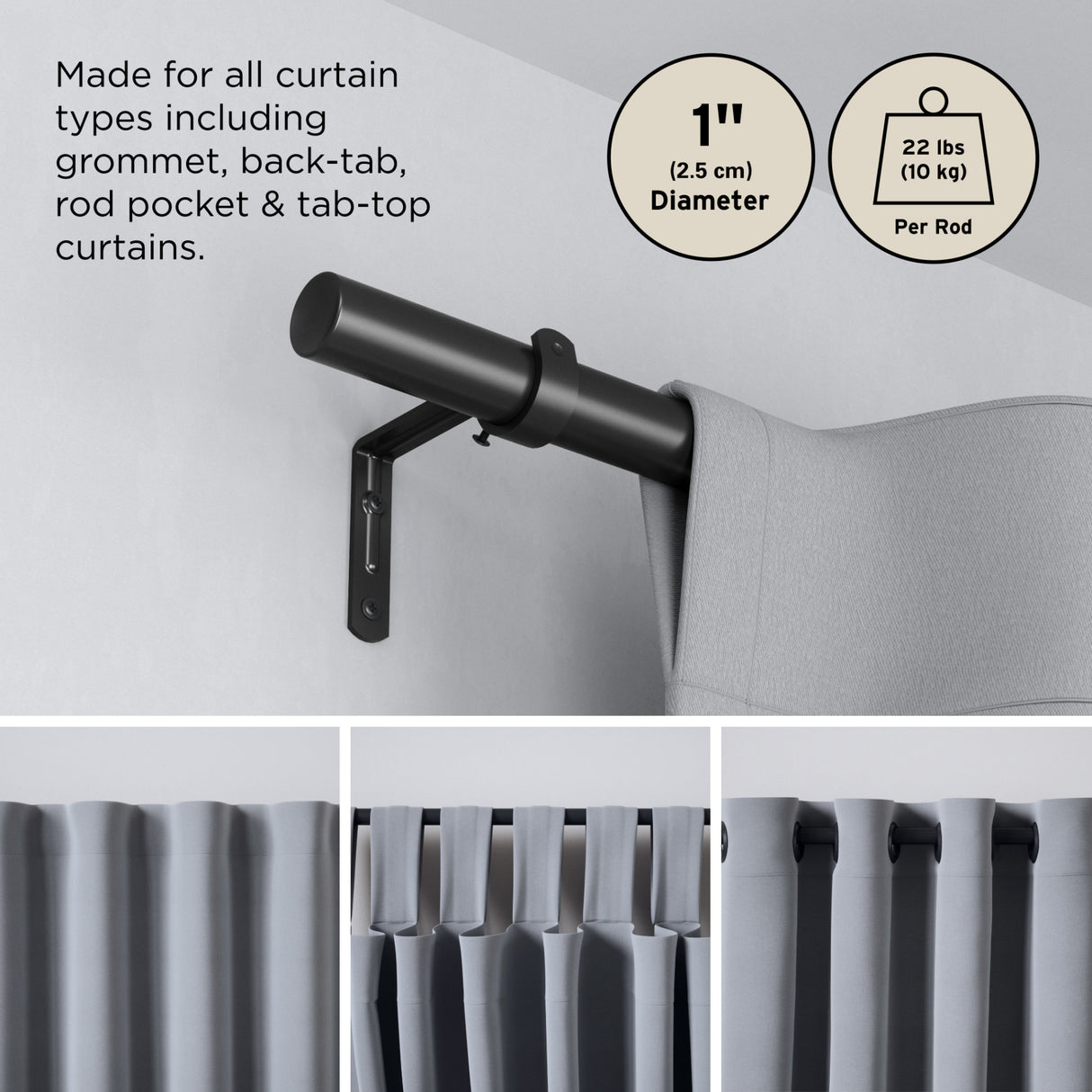 Single Curtain Rods | color: Matte-Black | size: 32-64" (81-162 cm) | diameter: 1" (2.5 cm)