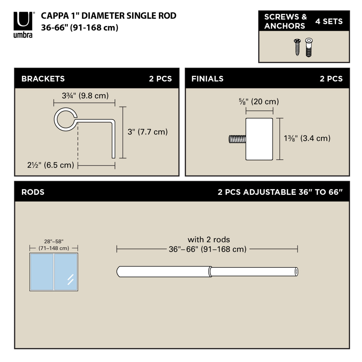 Single Curtain Rods | color: Nickel-Steel | size: 36-66" (91-168 cm) | diameter: 1" (2.5 cm)