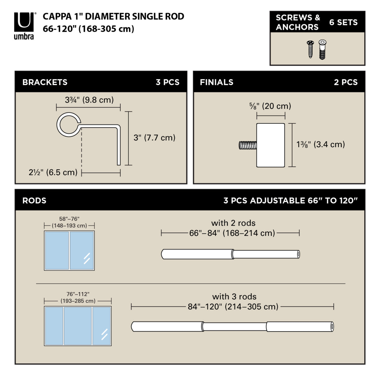 Single Curtain Rods | color: Brass | size: 66-120" (168-305 cm) | diameter: 1" (2.5 cm)