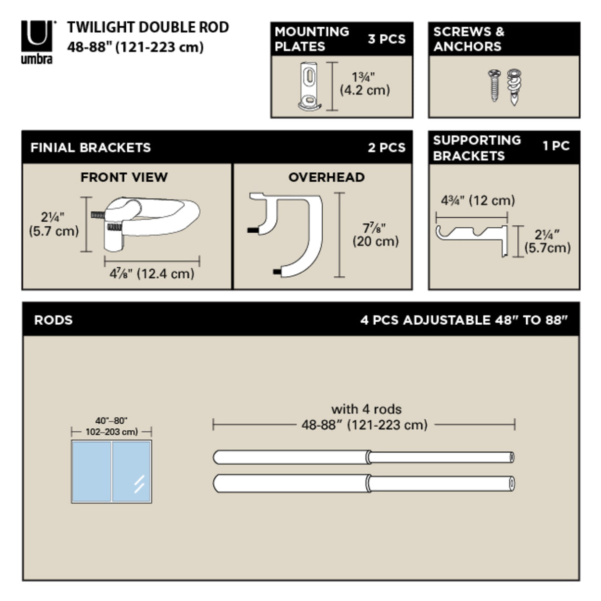 Double Curtain Rods | color: Matte-Nickel | size: 48-88" (122-224 cm) | diameter: 3/4" (1.9 cm)