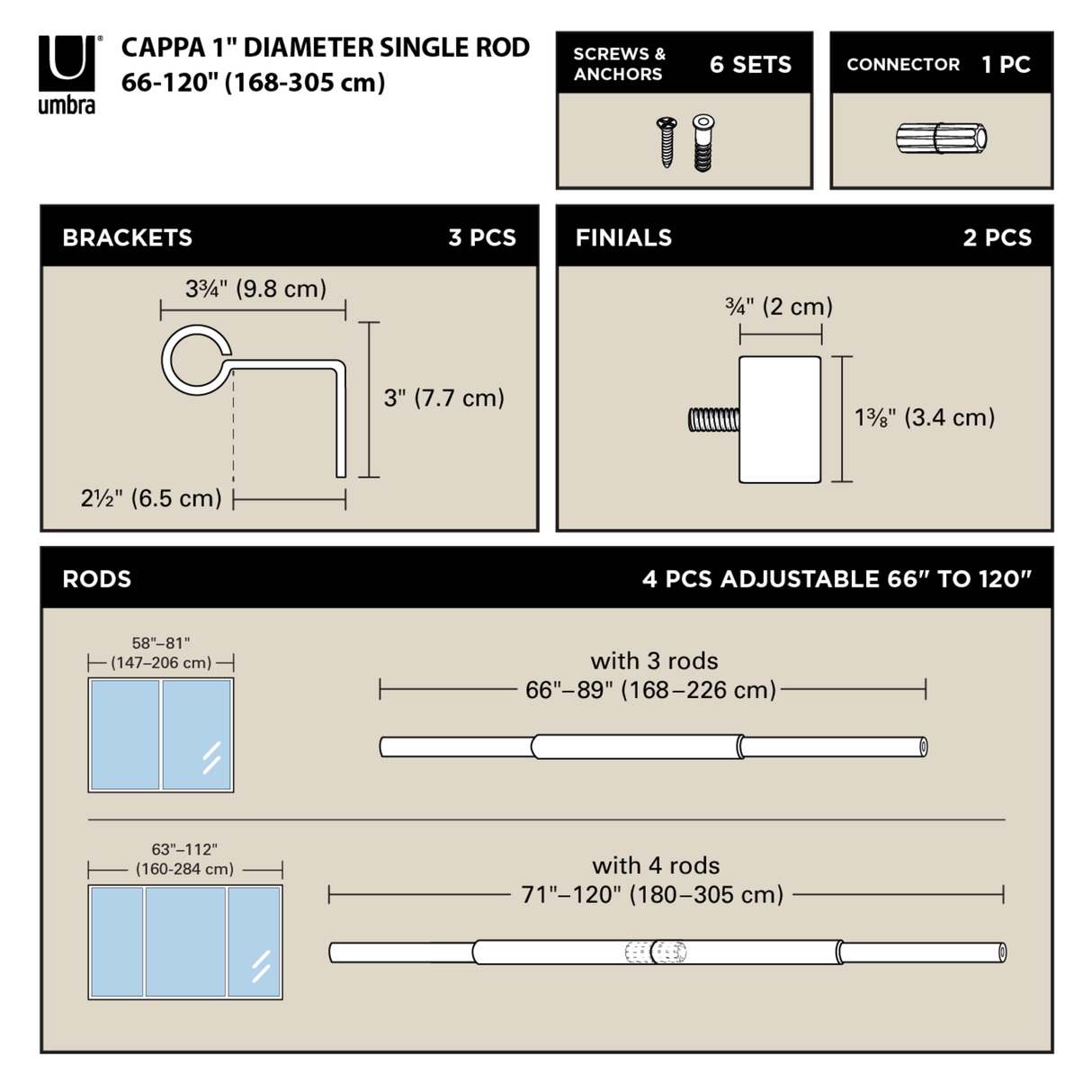 Single Curtain Rods | color: Gold | size: 66-120" (168-305 cm) | diameter: 1" (2.5 cm)