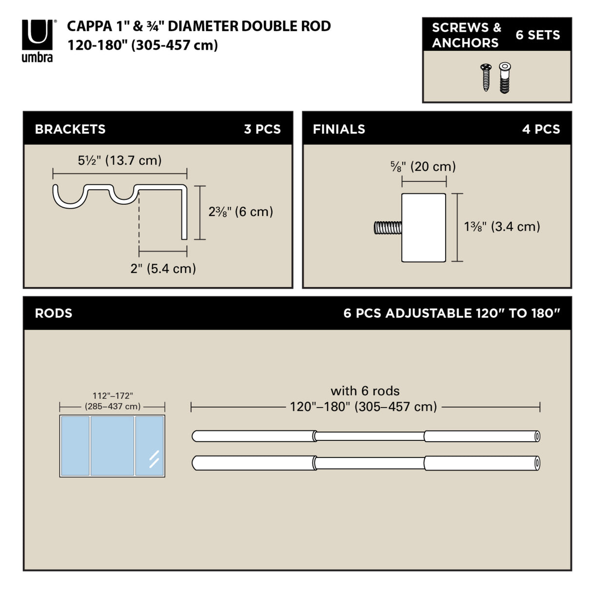 Double Curtain Rods | color: Nickel-Steel | size: 120-180" (305-457 cm) | diameter: 1" (2.5 cm)