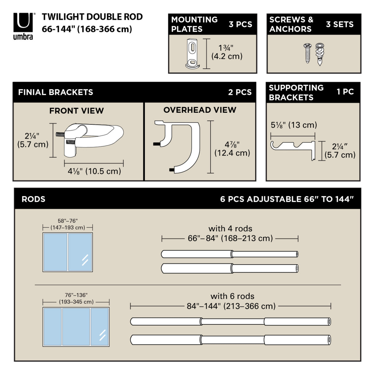 Double Curtain Rods | color: Matte-Black | size: 66-144" (168-365 cm) | diameter: 3/4" (1.9 cm)