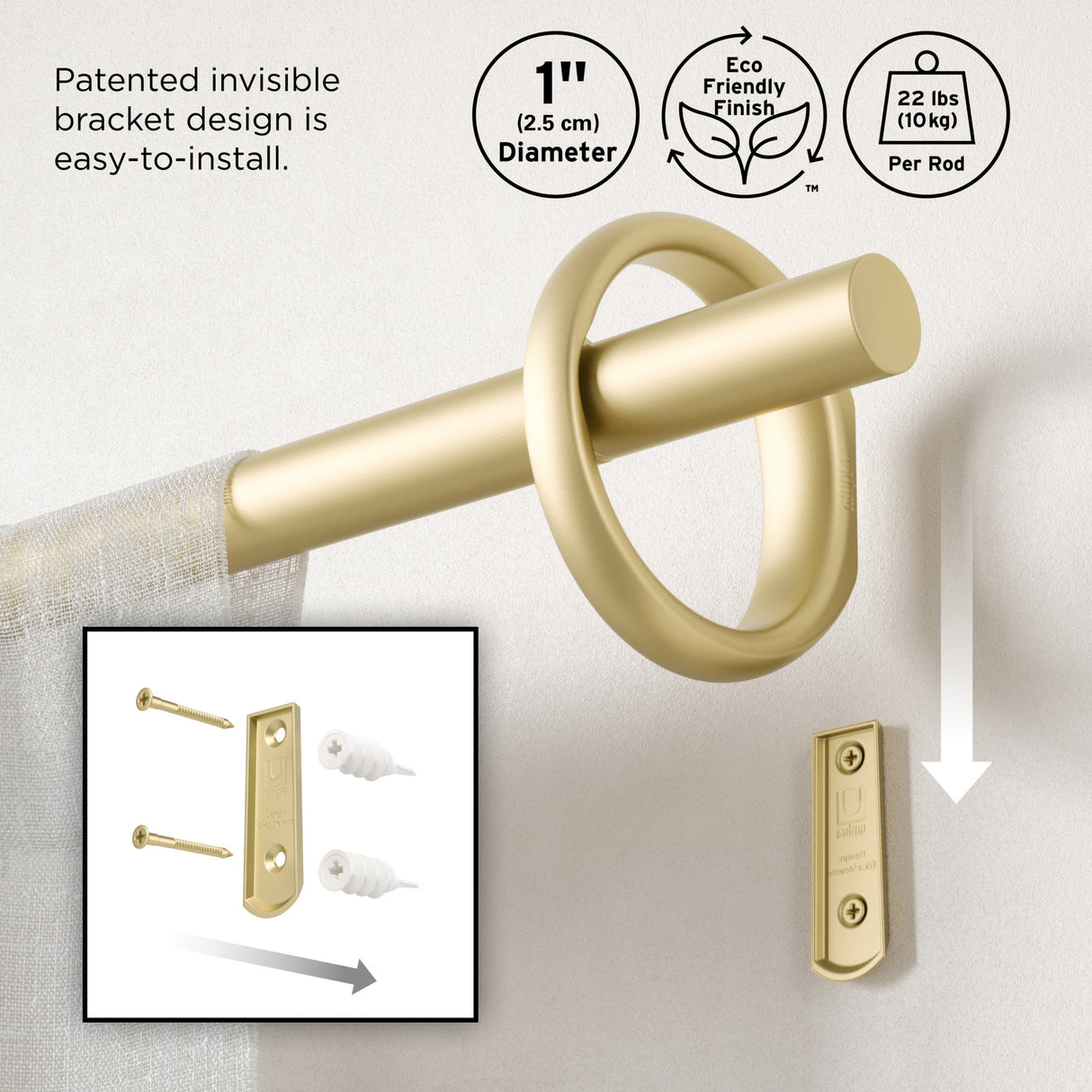 Single Curtain Rods | color: Gold | size: 42-120" (107-305 cm) | diameter: 1" (2.5 cm)